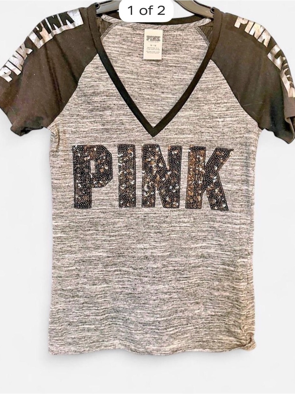 PINK Victoria's Secret Gray Heather V-Neck Tee with Black Sleeves